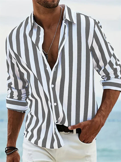 Homme Chemise Manches Longues à Rayures Verticales avec Col Rabattu