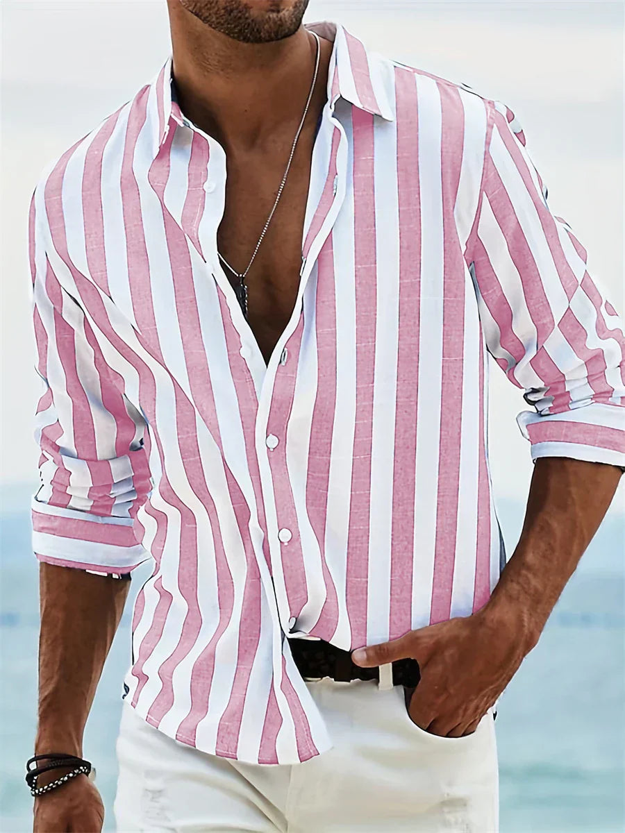 Homme Chemise Manches Longues à Rayures Verticales avec Col Rabattu