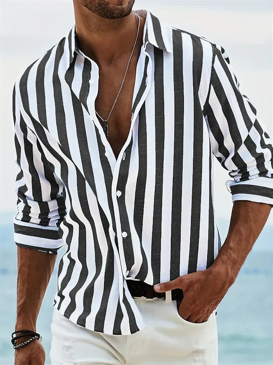 Homme Chemise Manches Longues à Rayures Verticales avec Col Rabattu