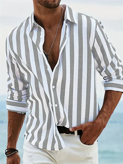 Homme Chemise Manches Longues à Rayures Verticales avec Col Rabattu