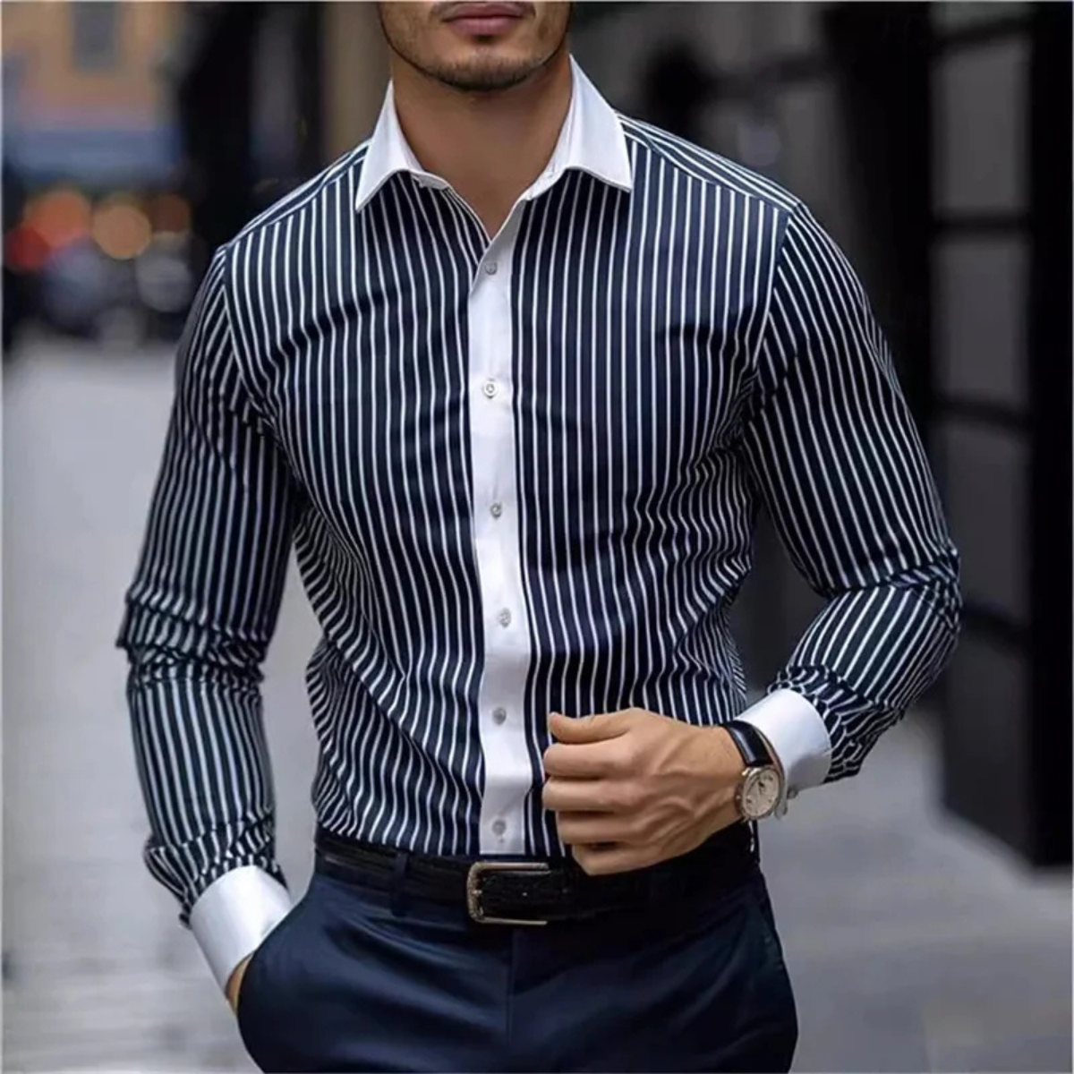 Homme Chemise Manches Longues à Rayures Verticales et Col Classique