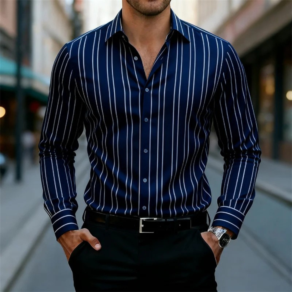 Homme Chemise Manches Longues à Rayures Verticales et Col Classique