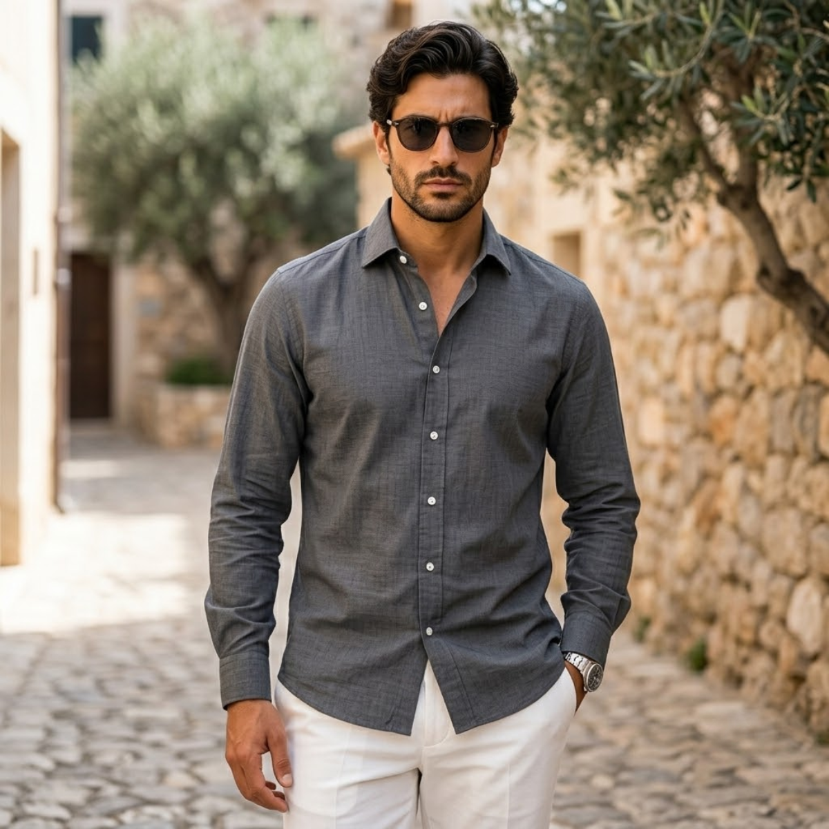 Homme Chemise Manches Longues avec Col Classique et Boutons