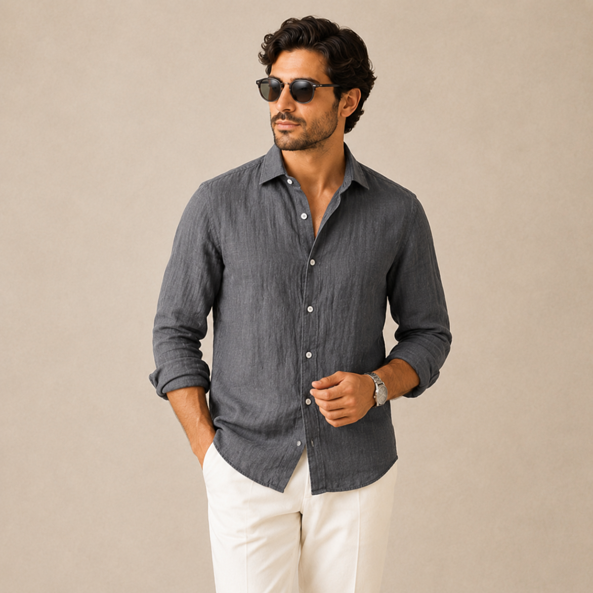 Homme Chemise Manches Longues avec Col Classique et Boutons