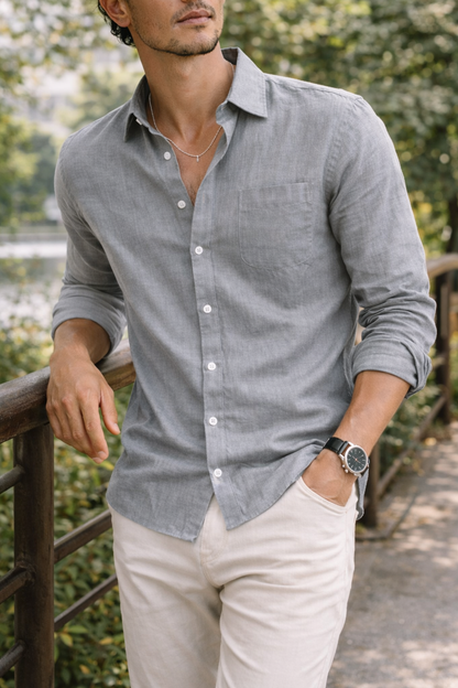 Homme Chemise Manches Longues avec Col Classique et Poche Poitrine
