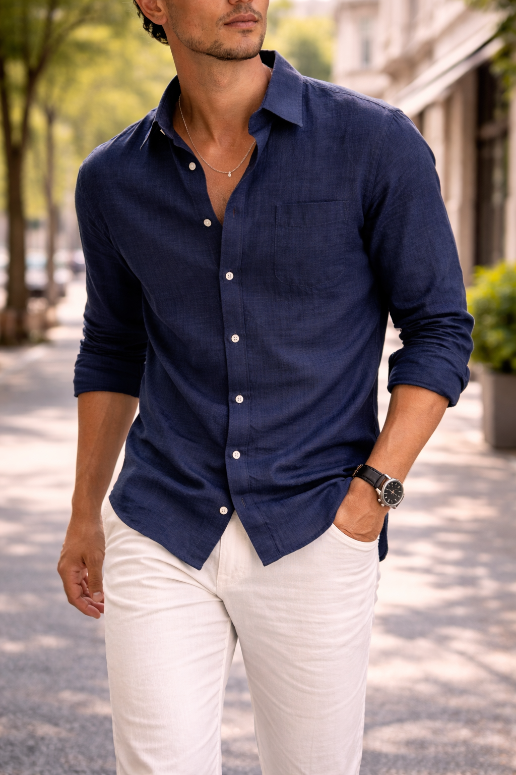 Homme Chemise Manches Longues avec Col Classique et Poche Poitrine