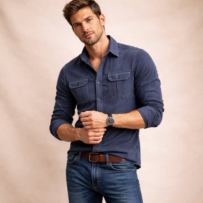 Homme Chemise Manches Longues avec Col Classique et Poches Plaquées