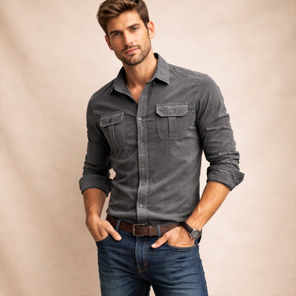 Homme Chemise Manches Longues avec Col Classique et Poches Plaquées