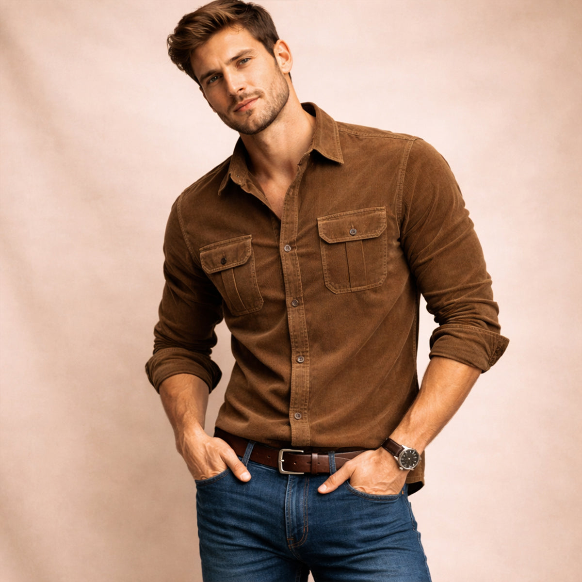 Homme Chemise Manches Longues avec Col Classique et Poches Plaquées