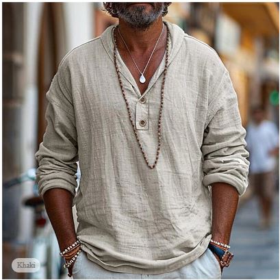 Homme Chemise Manches Longues avec Col V et Boutons