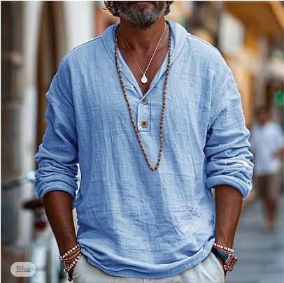 Homme Chemise Manches Longues avec Col V et Boutons