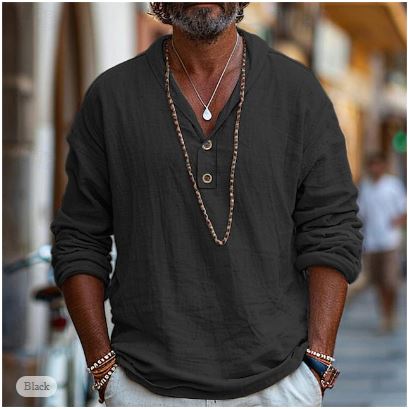 Homme Chemise Manches Longues avec Col V et Boutons