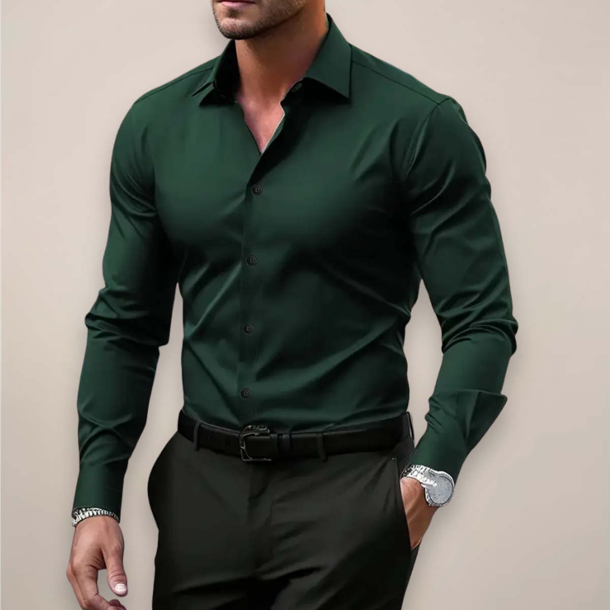 Homme Chemise Manches Longues Col Cranté Coupe Régulière