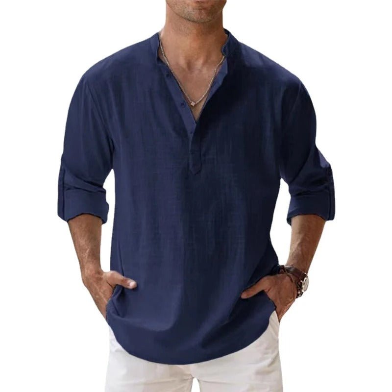 Homme Chemise Manches Longues col Henley Décontractée avec col Mao