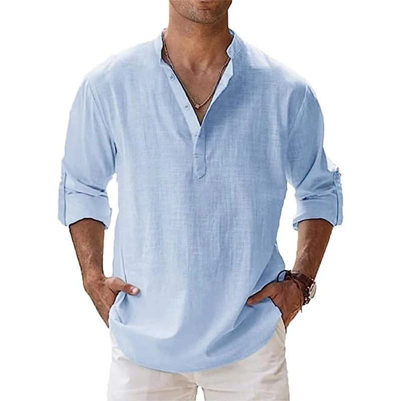 Homme Chemise Manches Longues col Henley Décontractée avec col Mao