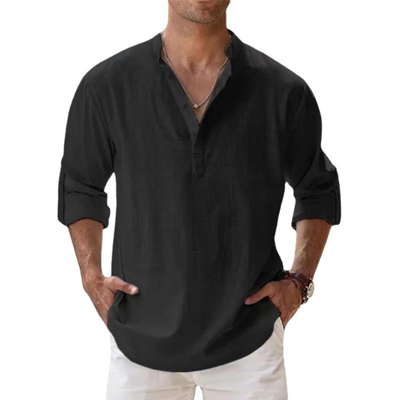 Homme Chemise Manches Longues col Henley Décontractée avec col Mao
