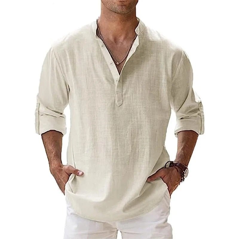 Homme Chemise Manches Longues col Henley Décontractée avec col Mao