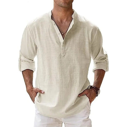 Homme Chemise Manches Longues col Henley Décontractée avec col Mao