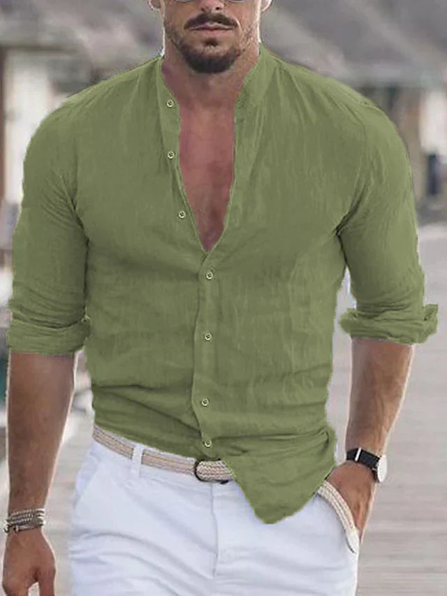 Homme Chemise Manches Longues col Mao avec Boutonnière