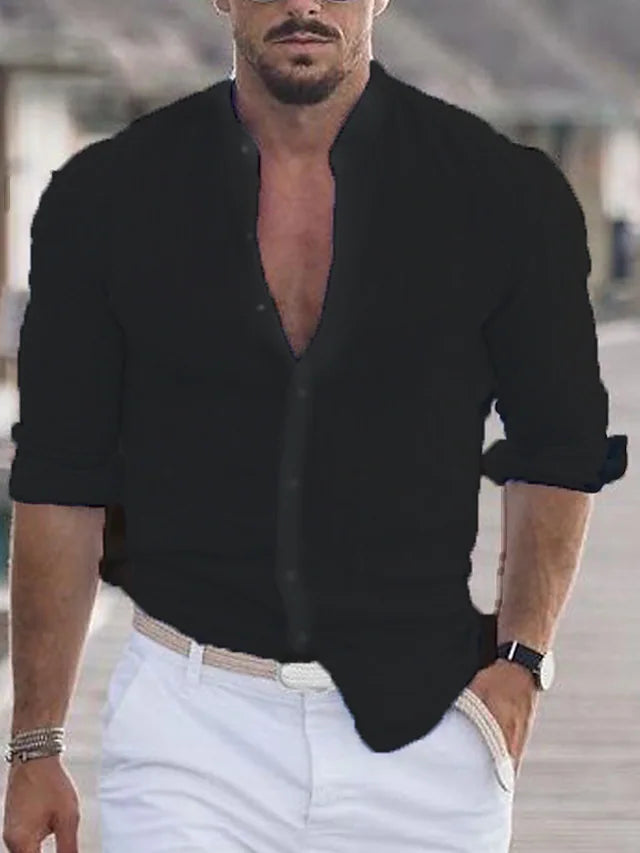 Homme Chemise Manches Longues col Mao avec Boutonnière