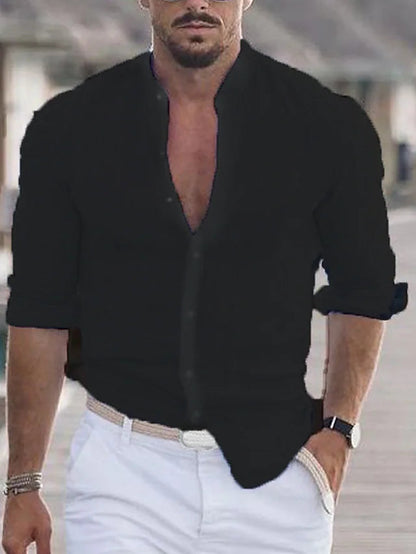 Homme Chemise Manches Longues col Mao avec Boutonnière