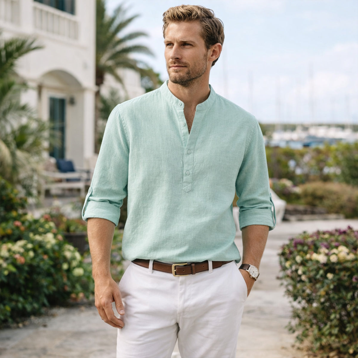 Homme Chemise Manches Longues Retroussables col Mao Regular Fit