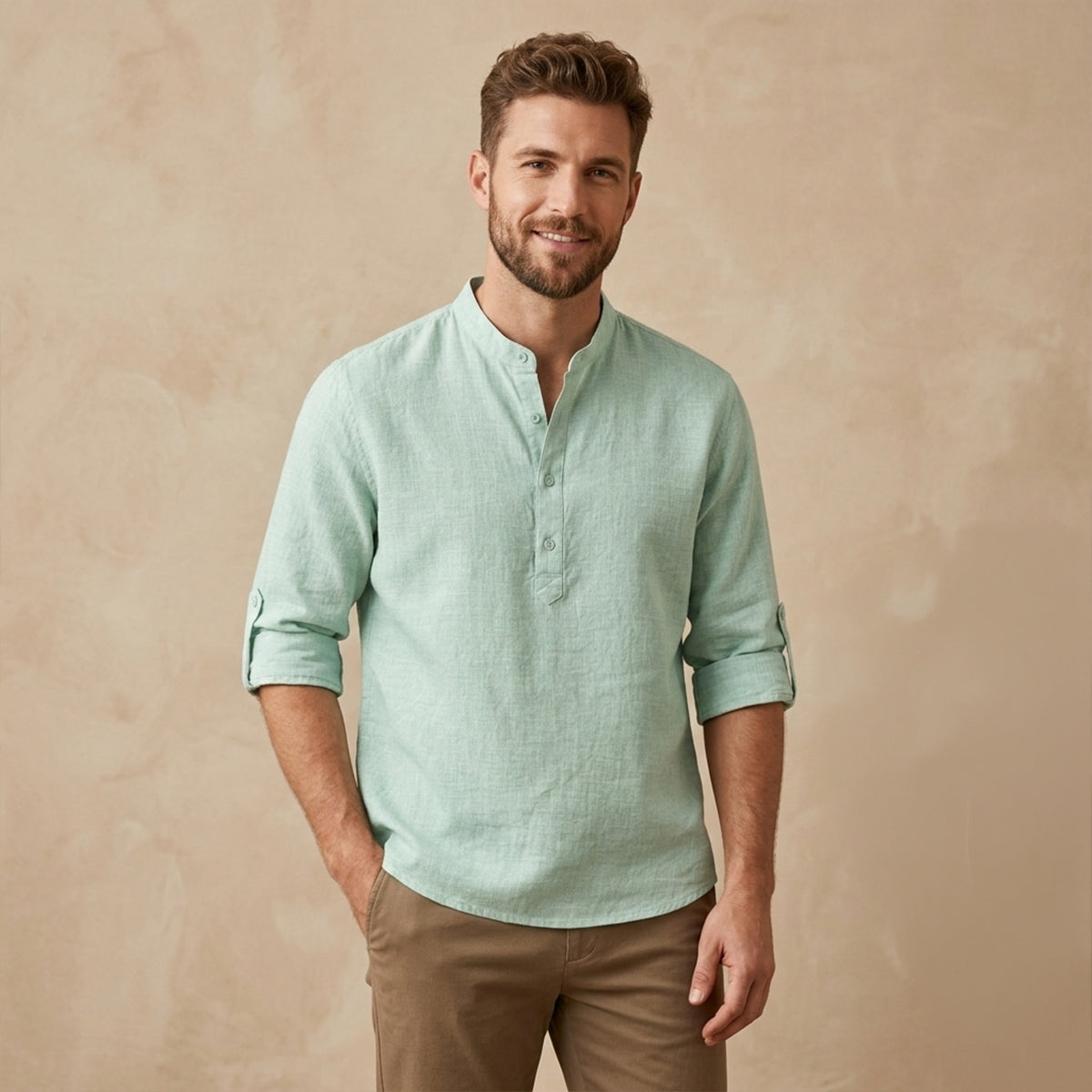 Homme Chemise Manches Longues Retroussables col Mao Regular Fit