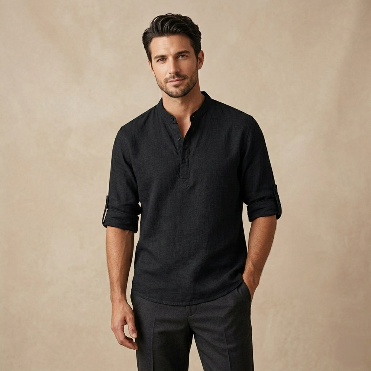 Homme Chemise Manches Longues Retroussables col Mao Regular Fit