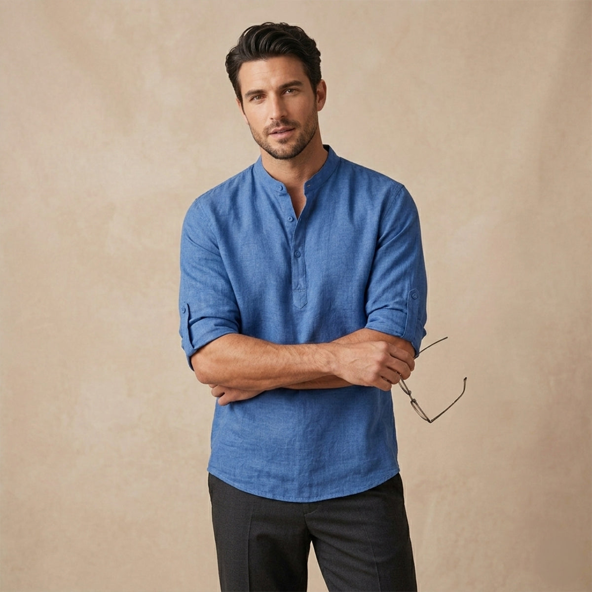 Homme Chemise Manches Longues Retroussables col Mao Regular Fit