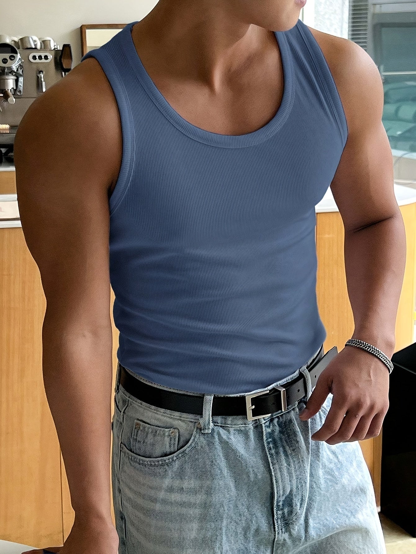 Homme Débardeur Côtelé Slim Fit col Rond sans Manches