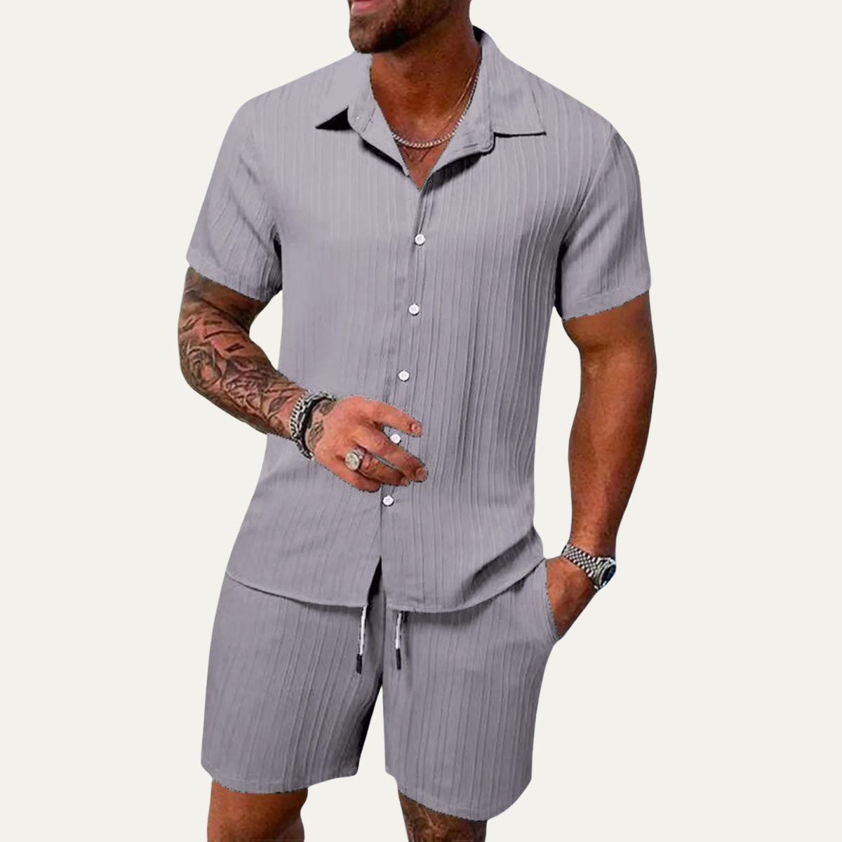 Homme Ensemble Casual Chemise Manches Courtes et Short avec Col Cubain