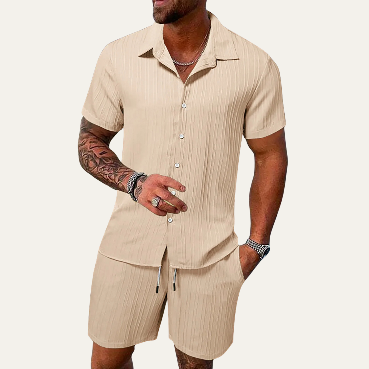 Homme Ensemble Casual Chemise Manches Courtes et Short avec Col Cubain