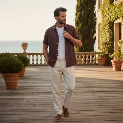Homme Ensemble Chemise Manches Courtes et Pantalon à Cordon