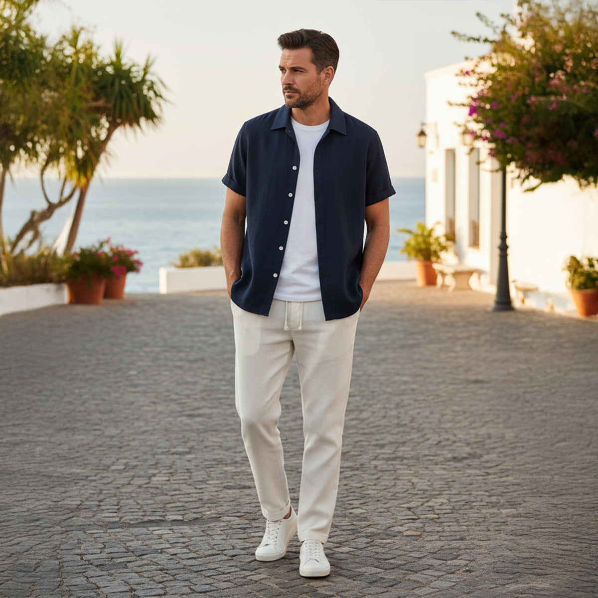 Homme Ensemble Chemise Manches Courtes et Pantalon à Cordon