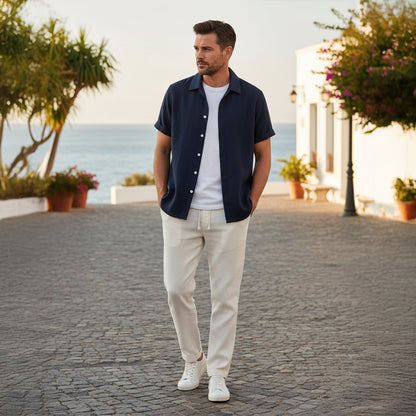 Homme Ensemble Chemise Manches Courtes et Pantalon à Cordon