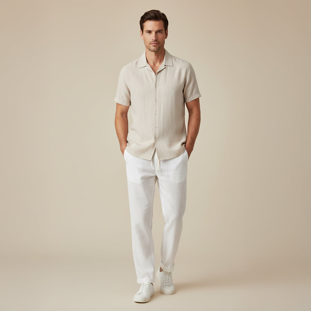 Homme Ensemble Chemise Manches Courtes et Pantalon à Cordon