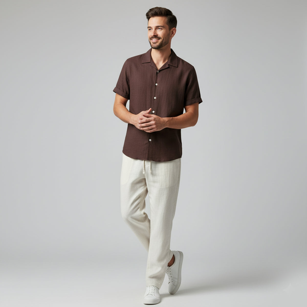 Homme Ensemble Chemise Manches Courtes et Pantalon à Cordon