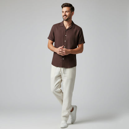 Homme Ensemble Chemise Manches Courtes et Pantalon à Cordon