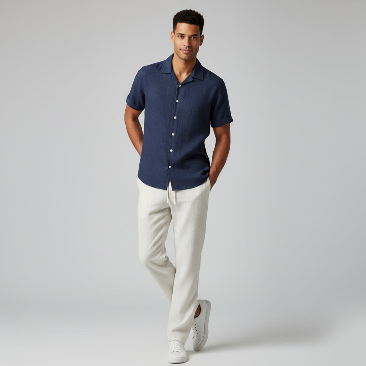 Homme Ensemble Chemise Manches Courtes et Pantalon à Cordon