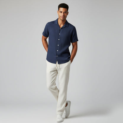 Homme Ensemble Chemise Manches Courtes et Pantalon à Cordon