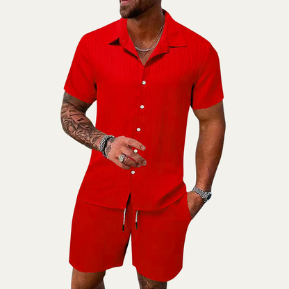 Homme Ensemble Chemise Manches Courtes et Short avec Col Cubain