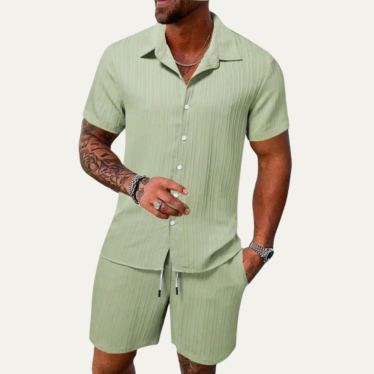 Homme Ensemble Chemise Manches Courtes et Short avec Col Cubain