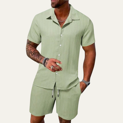 Homme Ensemble Chemise Manches Courtes et Short avec Col Cubain