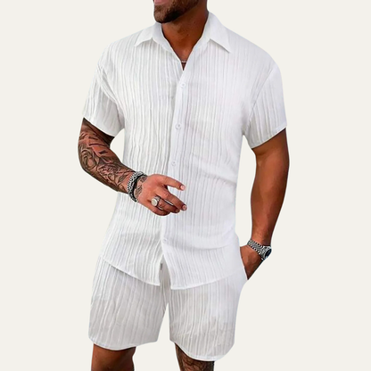 Homme Ensemble Chemise Manches Courtes et Short avec Col Cubain