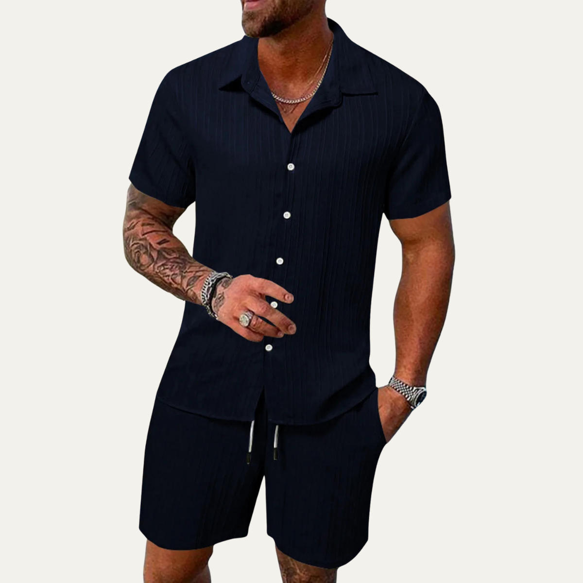 Homme Ensemble Chemise Manches Courtes et Short avec Col Cubain