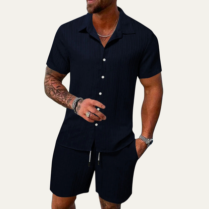 Homme Ensemble Chemise Manches Courtes et Short avec Col Cubain