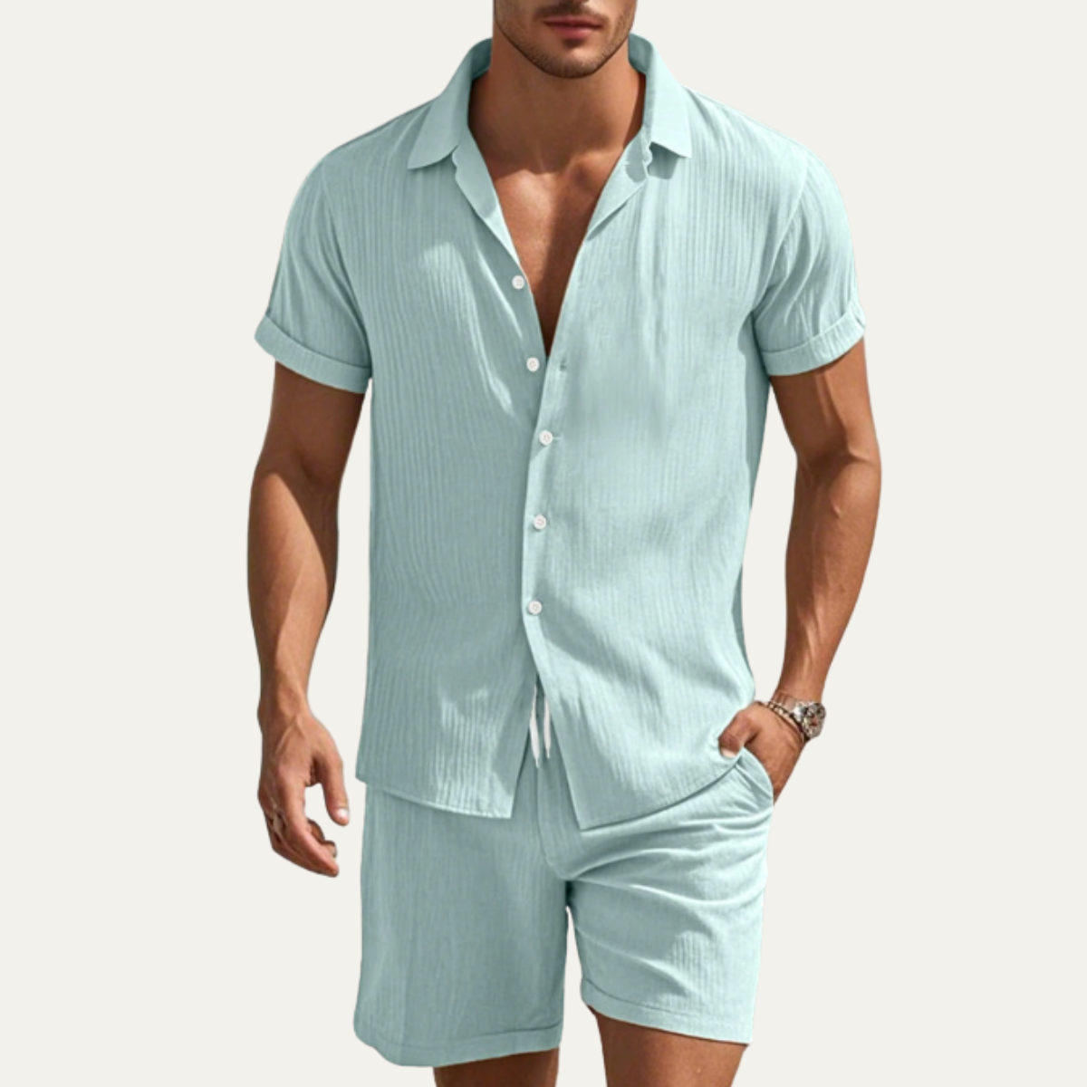 Homme Ensemble Chemise Manches Courtes et Short avec Cordon de Serrage