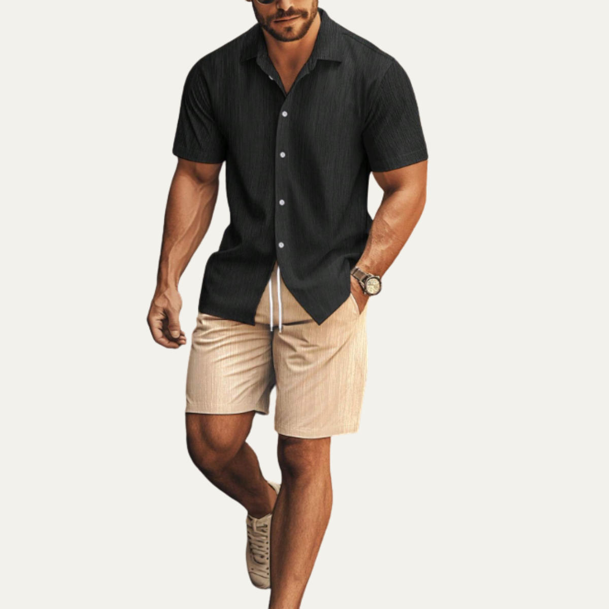Homme Ensemble Chemise Manches Courtes et Short avec Cordon de Serrage