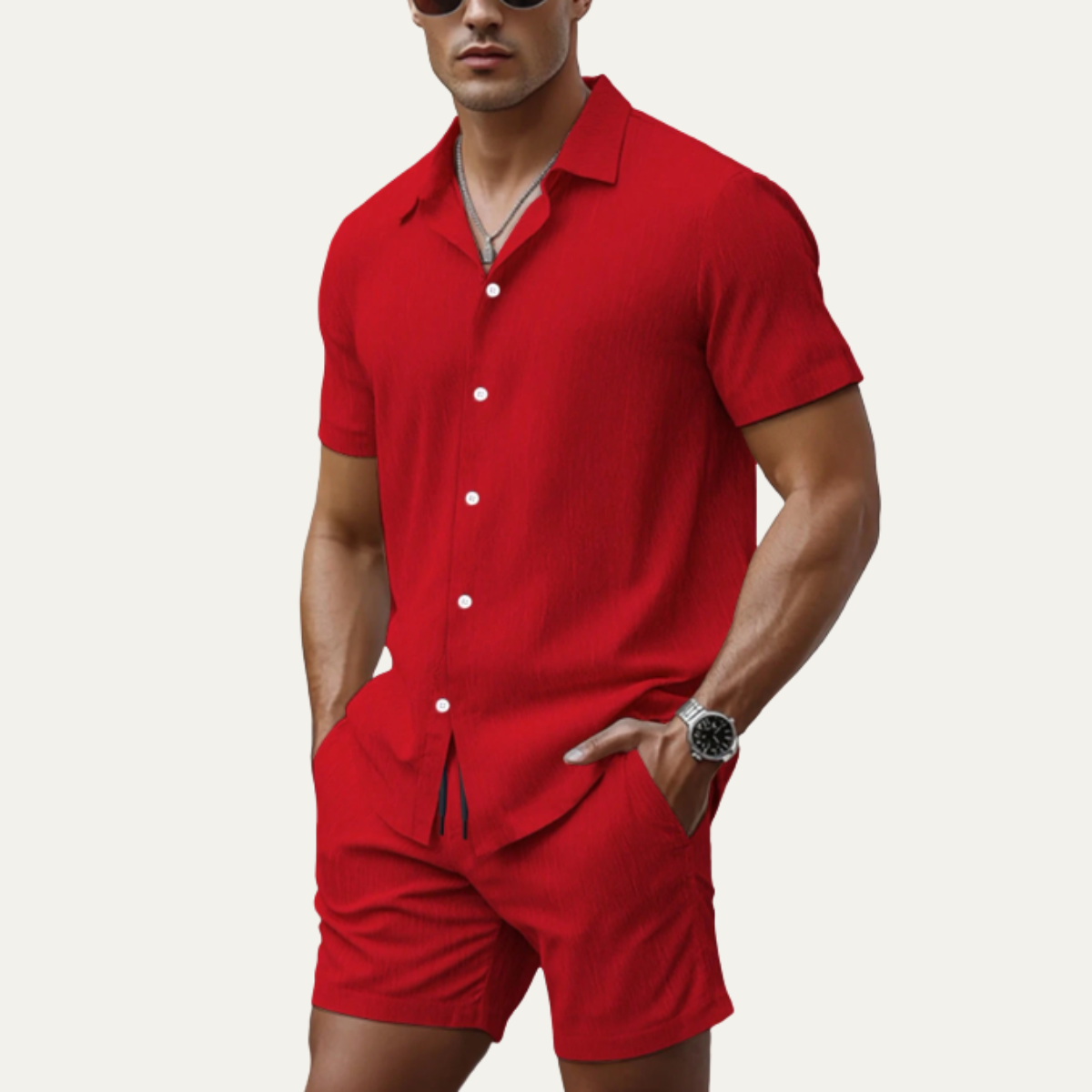 Homme Ensemble Chemise Manches Courtes et Short avec Cordon de Serrage