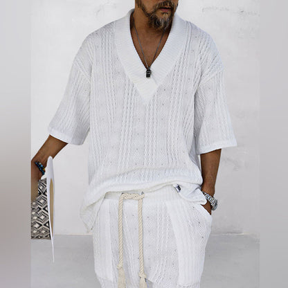 Homme Ensemble Coordonné Col V et Short avec Cordon